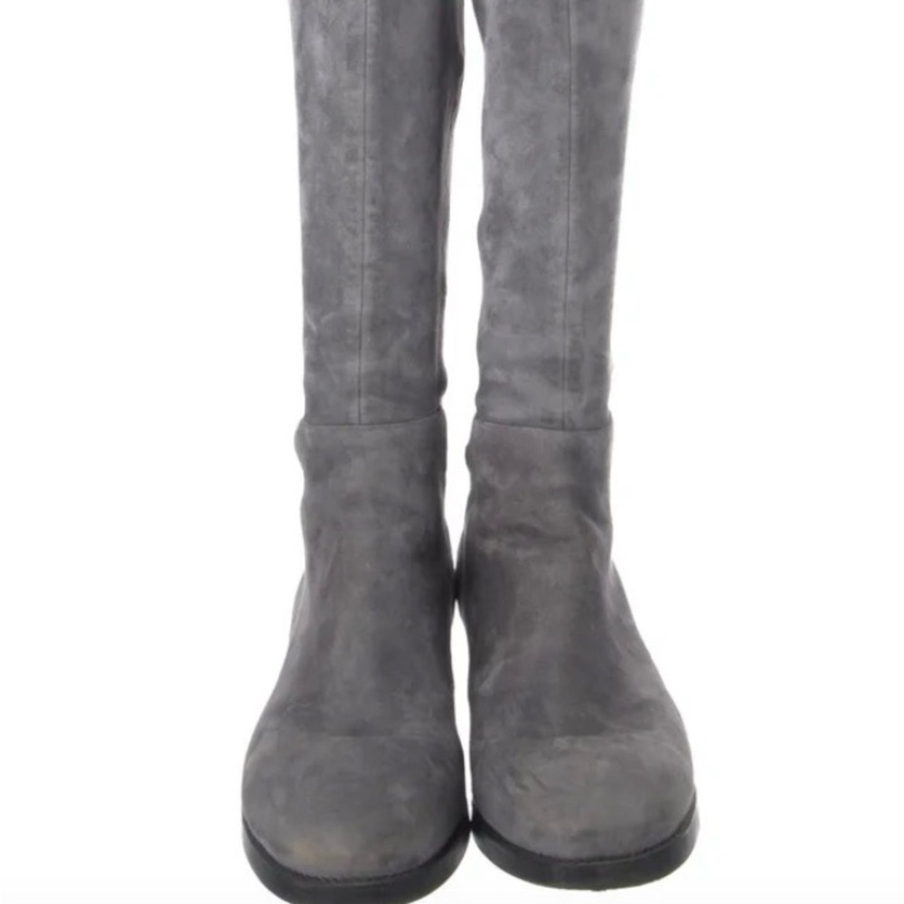 Tory Burch Caitlin Gray Over-the-Knee Suede Boots with Logo Detail.